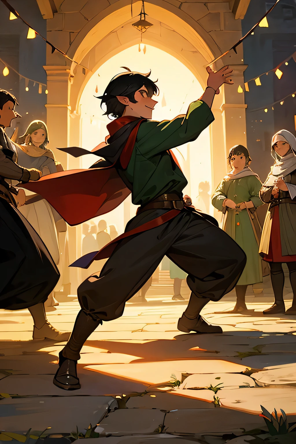 A young boy with black hair the same medieval adventurer in a festive medieval setting surrounded by humans and elves all happy and partying with music Dances and bright lights in a medieval village with festive decorations