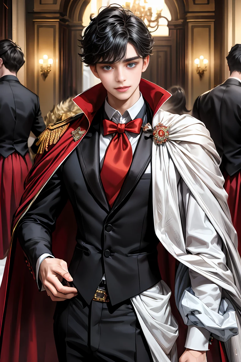 
masterpiece, 最high quality, high quality, 1 boy, alone, Male focus, Watching the audience,  Messy black hair, Adorable big blue eyes, White, Noble, Noble,A black and red cape that is bursting with sexy volume、Tuxedo、A very voluminous, large, very large, very large, long, long red and black cape with a high stand-up collar, made of a lot of fabric that reaches down to the floor., 17 years old,Cute beautiful boys,Cute, cute, handsome boy with a gentle smile
