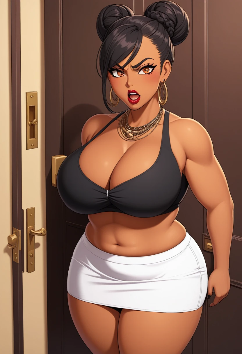 Masterpiece, hi res, absurdres, Best Quality, 4K, detailed, HD , by NTRMAN, {{artist:NTRMAN}}, solo, mature female, age 40, milf,mother, chubby, bbw, curvy, short stature, shorttack, thick, Big ass,crop top, short skirt, black hair, hair bun,curvy, cleavage, saggy breasts, prominent lips, red lipstick,thick, blushing, olive skin, tanned skin, looking at viewer, tattoos on body, Gyaru, dark skin, angry face, shame, surprised face, disbelief , opening door, whore, prostitute