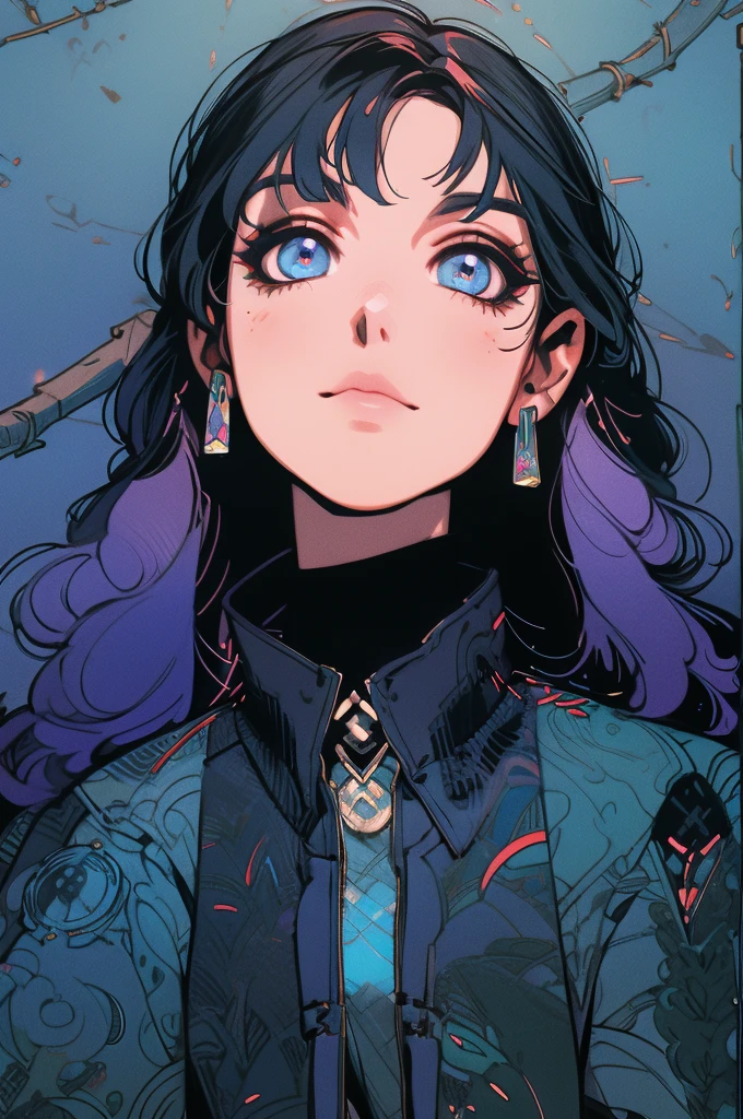 depicts a modern-day witch who has embraced the world of cybernetics to enhance her magical abilities. The artwork should convey the enchanting blend of traditional witchcraft and futuristic technology. Here are some specific elements to include: The Witch's Lair: The setting should be a cozy yet slightly eerie room, filled with magical books, crystal balls, potion ingredients, and antique furnishings. The room should be dimly lit by candles and a soft, mystical glow emanating from her cybernetic enhancements. The Cyborg Witch: The central focus of the artwork is the witch herself. She's a striking figure with a mix of traditional witch attire and cybernetic enhancements. Her clothing should have a witchy, occult aesthetic, with flowing robes, a pointed hat, and an intricate pentagram necklace. Her arms, however, have been upgraded with cybernetic components that incorporate magical symbols and glowing runes. Magical Interface: The witch is in the midst of casting a spell, with a holographic, touch-screen interface floating before her. This interface includes spell incantations, arcane symbols, and digital components, demonstrating her fusion of magic and technology. Spell Ingredients: On a nearby table, there should be a collection of spell ingredients, like herbs, potions, and magical artifacts. Some of these items may have been modified with cybernetic enhancements, blurring the line between the natural and the technological. Familiar: The witch's familiar, perhaps a cat or raven, should be present in the scene, serving as her magical companion. The familiar could also have subtle cybernetic enhancements or glowing eyes. Glowing Runes: The room should be adorned with ancient symbols and glowing runes on the walls and floor, contributing to the magical atmosphere. Aetherial Lighting: Use a combination of mystical, ethereal lighting and cybernetic glows to create a captivating interplay of light and shadow. The contrast between the tradit