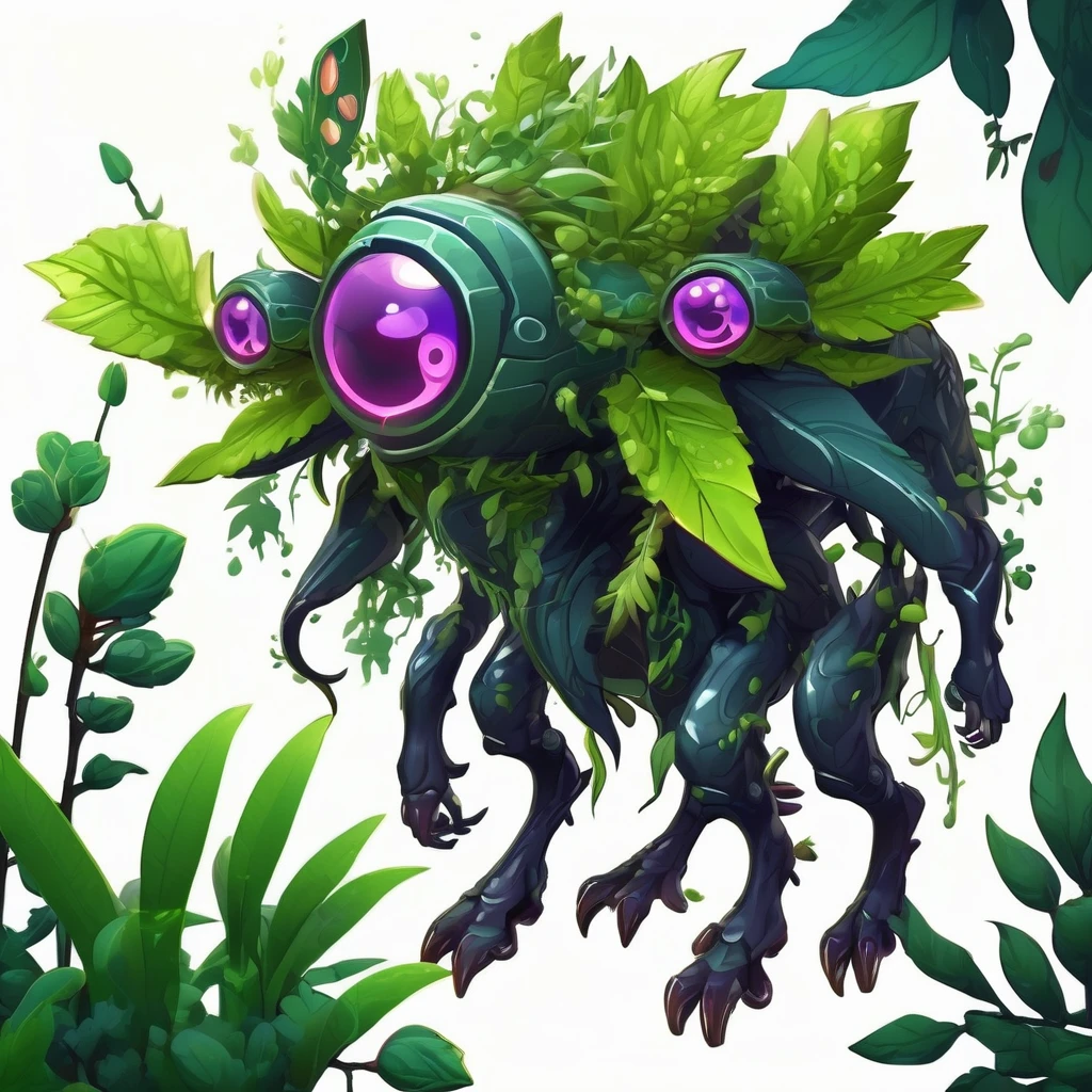 Isometric view, Dark fantasy anime style, mobile game asset, stylized digital painting of a poisonous Plant and bush assemblage creature with eyes, mouth , walking, white background