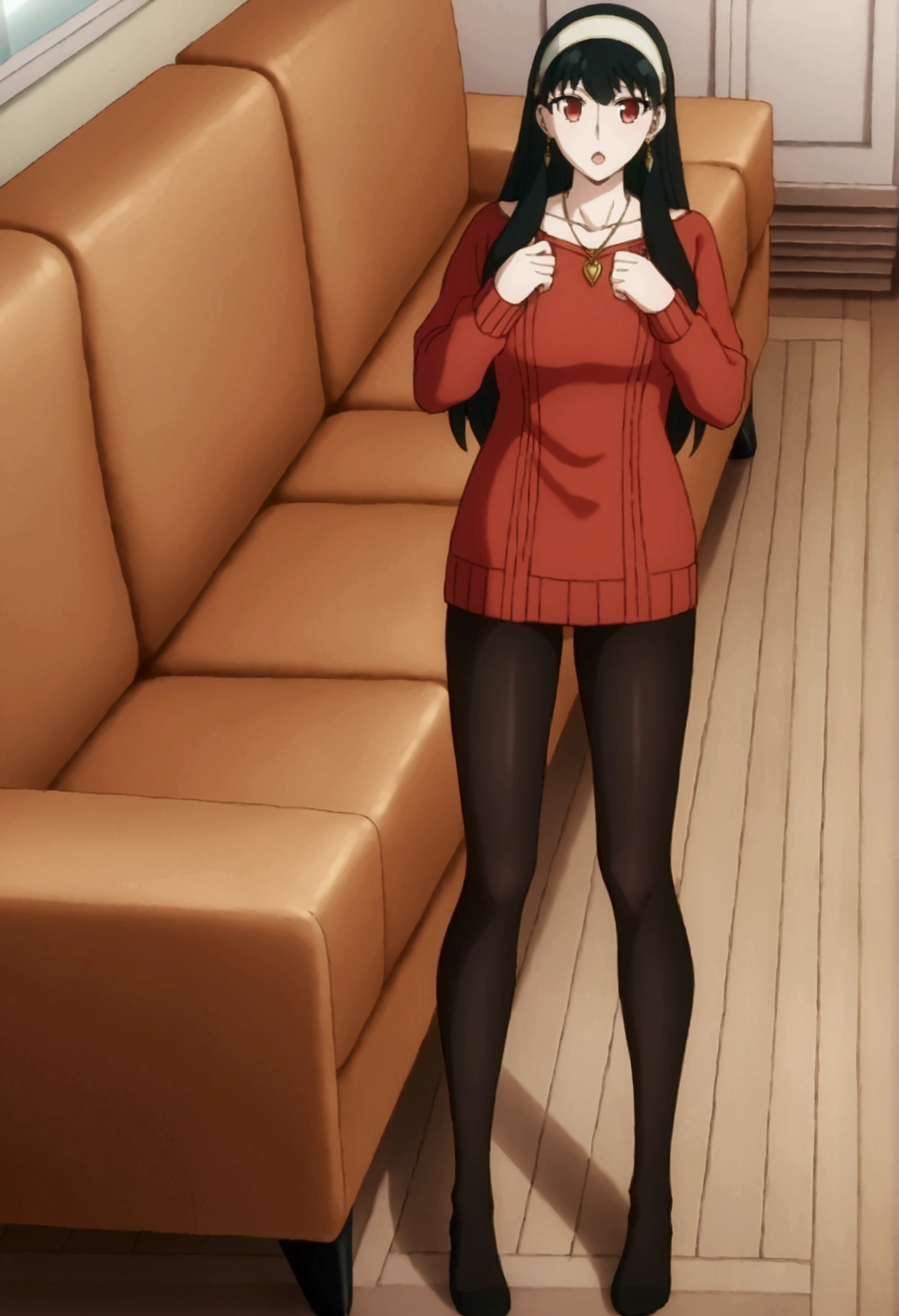 red_jacket:1.2), standing , cowboy shot, thick body, red_sweater, white_headband, long_sleeves, heart_necklace, pantyhose, earrings, jewelry, gem, bangs, red_eyes, long_hair, black_hair, 1 girl, 20yo, Young female, Beautiful Finger, Beautiful long legs, Beautiful body, Beautiful Nose, Beautiful character design, perfect eyes, perfect face, expressive eyes, perfect balance, looking at viewer, slightly open mouth, surprised expression, laying down on couch, in personal office, sunset lighting, close up face image, pov from above, messy hair, half closed eyes, extremely busty, extremely wide hips, extremely big ass,