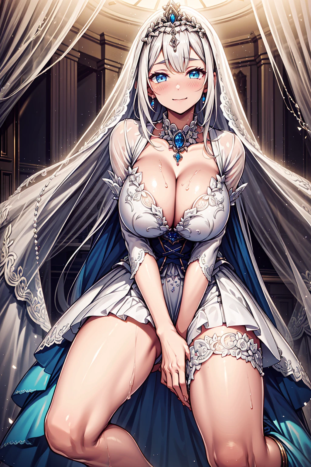 (best quality,4K,8ก,high resolution,Masterpiece:1.2),very detailed,beautiful girl,queen,magic,charming,happiness,sacred,magical effect,silver hair,blue eyes,light pink wedding dress,bridal crown,a small amount of blue cloth,exquisite clothes,Floor skirt,lace details,Delicate ruffles,bedroom,alone,at night,Lace stockings,แถบsacred,transparent clothes,decorated with jewelry,  (gigantic bust:1.4), ((((ต้องpee)))),Crotch coverage,(((hand between legs))),Kneel with your feet apart.,pee,urine,wet,