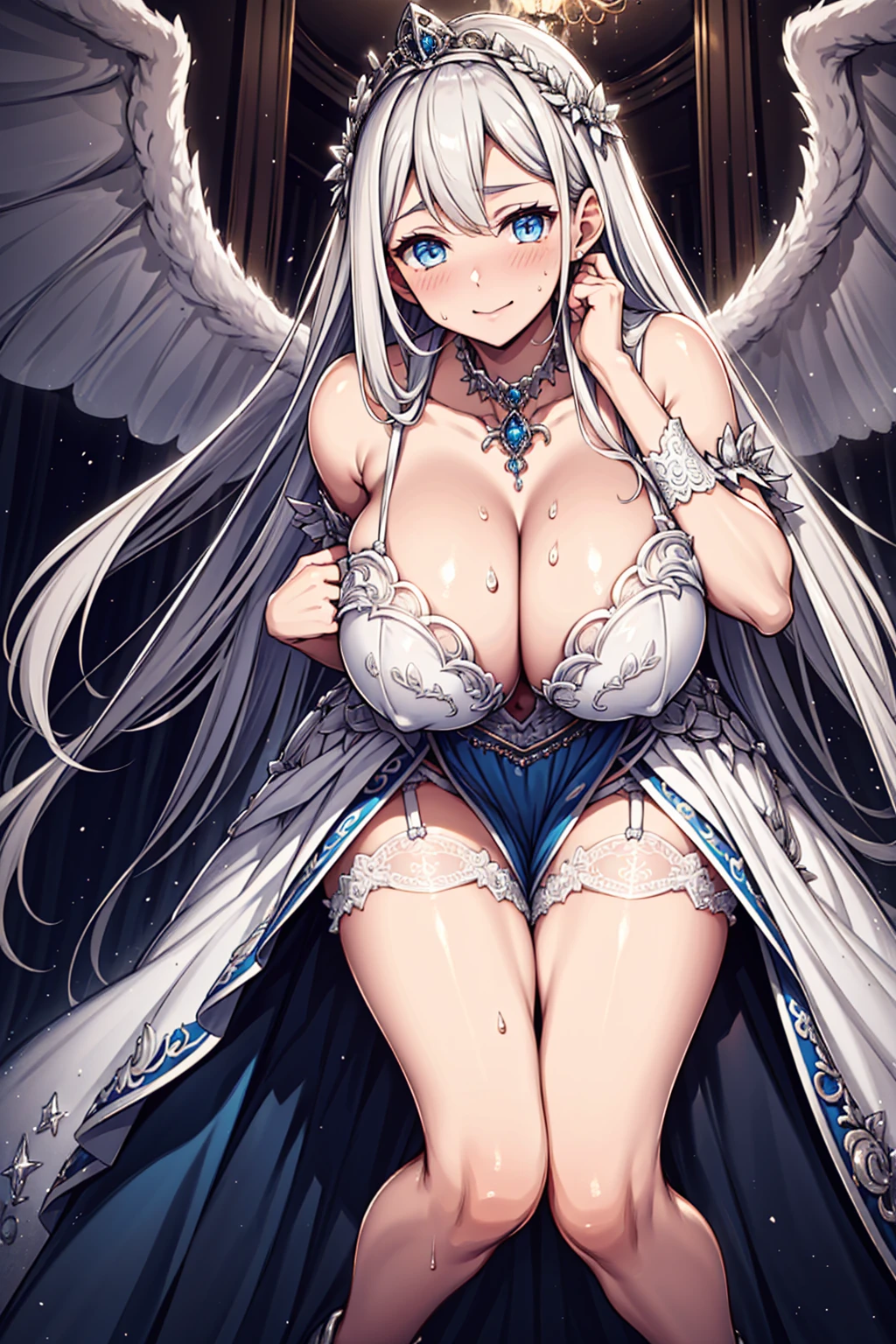 (best quality,4K,8ก,high resolution,Masterpiece:1.2),very detailed,beautiful girl,queen,magic,charming,happiness,sacred,magical effect,silver hair,blue eyes,light pink wedding dress,bridal crown,a small amount of blue cloth,exquisite clothes,Floor skirt,lace details,Delicate ruffles,bedroom,alone,at night,Lace stockings,แถบsacred,transparent clothes,decorated with jewelry,  (gigantic bust:1.4), ((((ต้องpee)))),Crotch coverage,(((hand between legs))),Kneel with your feet apart.,pee,urine,wet,