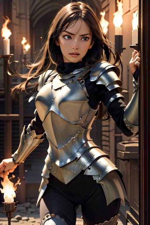 ((masterpiece, Highest quality)), ((Detailed CG integrated 8K people)), Rooms in the dungeon, torches, Woman fighting monsters, Sword in hand, Wear armor, head to waste,
