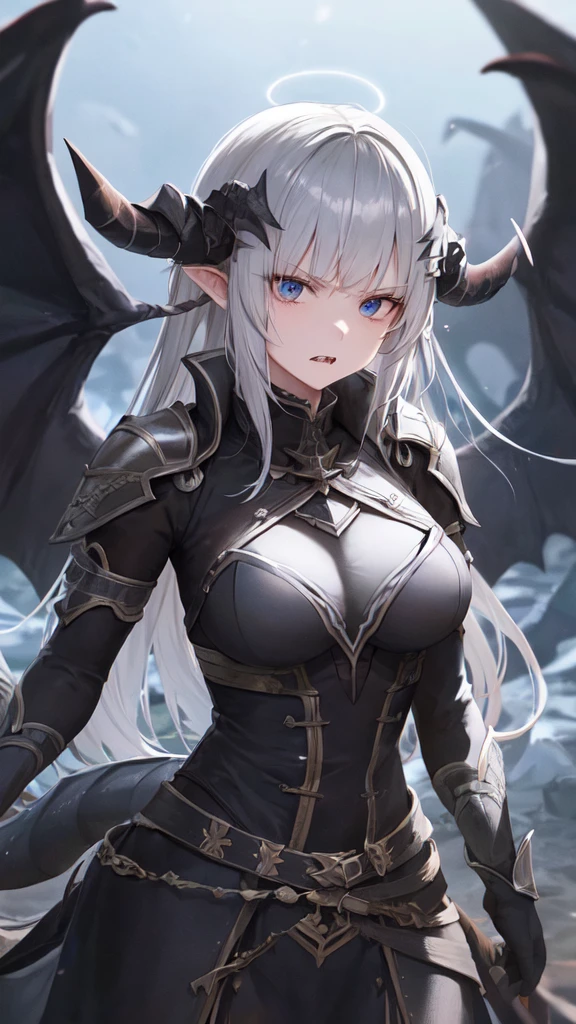 masterpiece, high quality, 4K, HDR,, A female knight wearing an armored dress BREAK Black halo above head, black horns on head, black dragon tail growing, large black wings on back BREAK Silver hair in an updo hairstyle with blunt bangs, long hair, disgruntled expression, crimson eyes, narrowed eyes, sharp teeth, slightly pointed ears, slightly open mouth BREAK Athletic, toned body, medium breasts BREAK Standing in a dramatic pose against a dark, ominous background