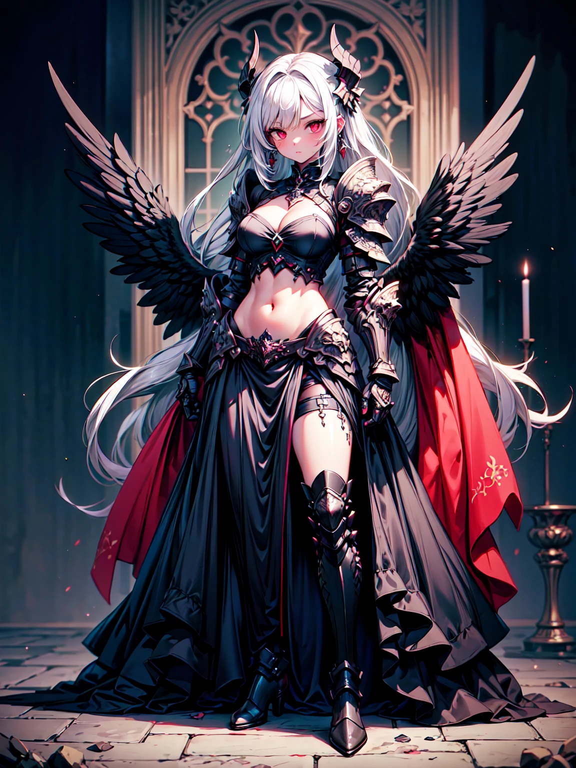 (((masterpiece, best quality, 16k)))queen power armor , (gothic style), full body view , bellybutton, The most beautiful and sexy demon goddess, long white hair, glowing red eyes, wearing detailed black gothic battle armor, black angel wings, tattoos and piercings, gothic castle, perfect masterpiece, high quality, high resolution