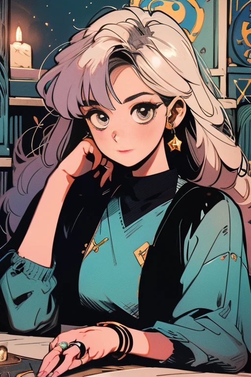top quality, future world, State-of-the-art robot, Beautiful Woman, flying hair, Transformed into a cyborg except for the face, sexy images, whole body photo, ((Astrologer, star signs ring on table, Horoscope,candles, star signs book ))