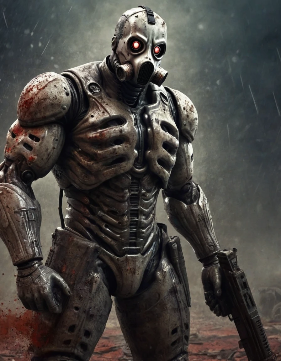 rainy, big muscular cyberdead, with robotic head,cracked gasmask, big gun,blood line,blood, threatening, fighting stance, apocalyptic background, dusty, detailed rust iron texture, realstic,storng contrast, dark shadow,detailed discribe, clear image,horrirble mood,