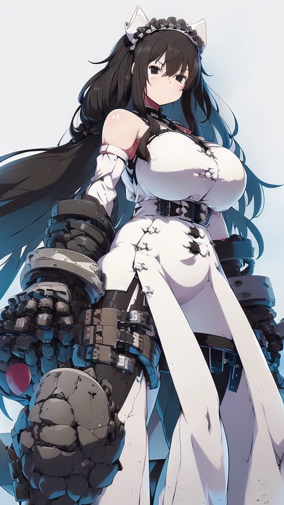 Anime, 1 girl, Fubuki, pale pure white skin, dead cold black eyes with shadows under them, fubuki's long wavy black hair tied in long twin tails decorated by a white ribbon, expressive Brown eyes, busty, military's uniform, large mechanical arms, mechanical hands, serious expression, large heavy mechanical arms,