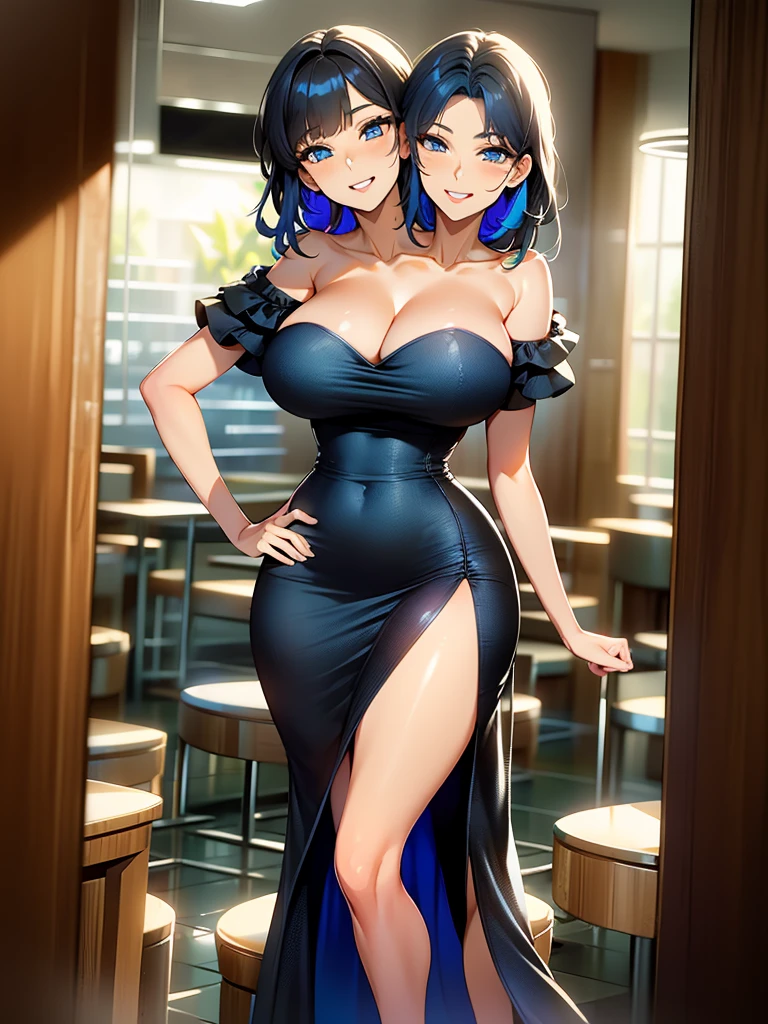 (16K), two headed woman, smiling, highres, masterpiece, ((black hair with blue highlights)),, ((different hair color)),cleavage, ((black dress:1.5)), lustrous and smooth skin, (mature woman), (blue eyes), ((queen dress)), seductive silhouette, ((slim hips)), (one-sided strapless beige top), (beige skirt), blouse, looking sexy, beautiful, tight, tight dress