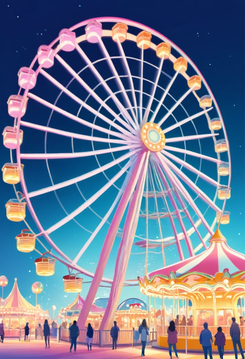 amusement park, abstract Ferris wheel, abstract merry-go-round, family, cute illustrations like those in children's picture books, soft effects, soft colors effects