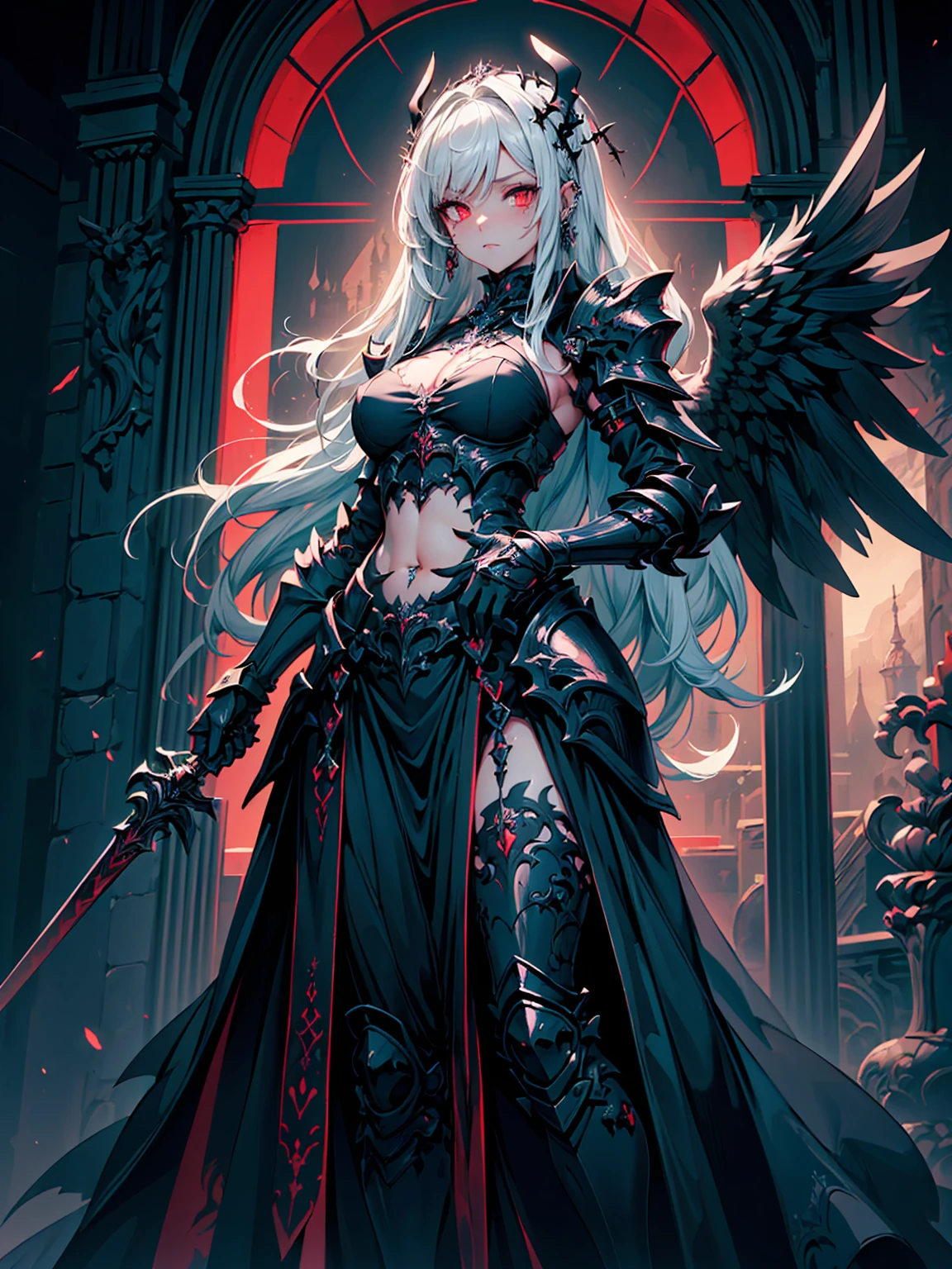 (((masterpiece, best quality, 16k)))queen power armor , (gothic style), full body view , bellybutton, The most beautiful and sexy demon goddess, long white hair, glowing red eyes, wearing detailed black gothic battle armor, black angel wings, tattoos and piercings, gothic castle, perfect masterpiece, high quality, high resolution