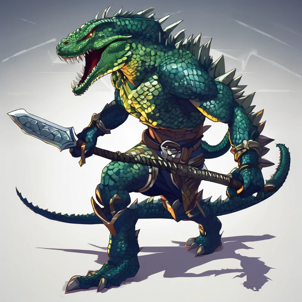 Isometric view, Dark fantasy anime style, stylized digital illustration of lizardman warrior, intense hatred, white background