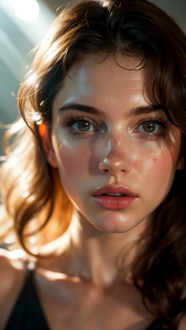 (((ultra realist))) photoshot, masterpiece, top quality, (pale skin), (ultra-detailed face and eyes:1.3), 1 girl, adult, im T-Shirt, (Eye make up, mask) , ((size, Detailed Lips)), ((ashy wavy hair)), ((Chyolka)) , (Natural breasts), Slender waist. ((posing)), photoshot-Shooting, studio (Soft lighting), (The play of light and shadow), depth of field, bokeh, (special attention to skin details: 1.2), Detailed leather structure, Hautporen. (Airy atmosphere of the frame. Colour palette - delicate, bright, White, Pink tones), DR, ((film grain)), ((Rays)), ((Glare from the sun)), ((Waist up portrait, close to the camera)) , ultra detailed,