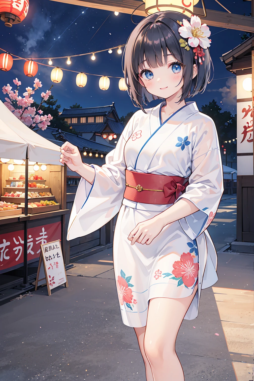 Photorealistic、Highest quality、Highest Resolution、Highest quality、８Ｋ、1人のBeautiful woman、Beautiful woman、Beautiful woman、cute、Bob cut hair、Dark Hair Color、Light blue eyes、Floral Yukata、Red yukata、Summer festival、evening、Lots of food stalls、looks fun、smile、