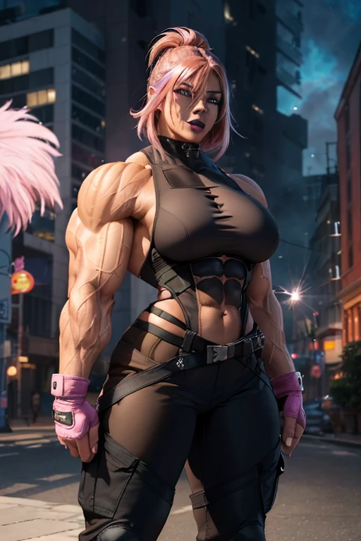 (((((Massive tall, beautiful, buff, light brown skinned muscular female assassin with shocking pink hair, black lipstick, ginormous bulky muscles and wearing a Stealth bodysuit and cargo pants))))), (close view), ((massive muscles)), massive biceps, hyper muscle shoulders, ginormous muscle arms, hyper muscle triceps, angled bob cut, red eyes, choker, (stealth belt), black boots, fingerless gloves, (in front of an exploding building), sensual smile, night, hyper muscles arms, hyper muscle legs, (ginormous arms).