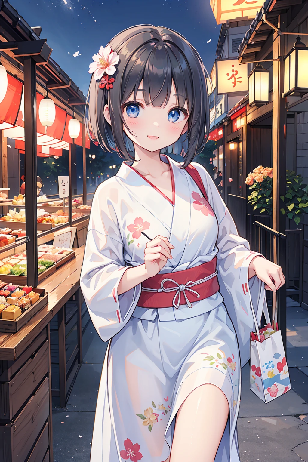 Photorealistic、Highest quality、Highest Resolution、Highest quality、8K、1人のBeautiful woman、Beautiful woman、Beautiful woman、cute、Bob cut hair、Dark Hair Color、Light blue eyes、Floral Yukata、Red yukata、Summer festival、evening、Lots of food stalls、looks fun、smile、