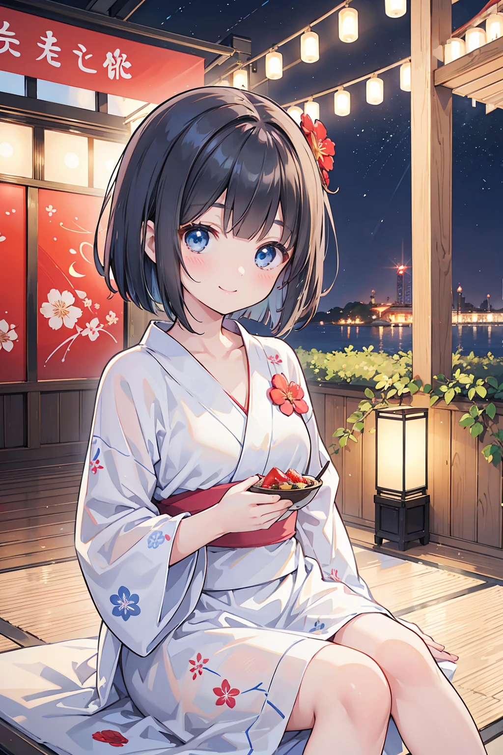 Photorealistic、Highest quality、Highest Resolution、Highest quality、8K、1人のBeautiful woman、Beautiful woman、Beautiful woman、cute、Bob cut hair、Dark Hair Color、Light blue eyes、Floral Yukata、Red yukata、Summer festival、evening、Lots of food stalls、looks fun、smile、