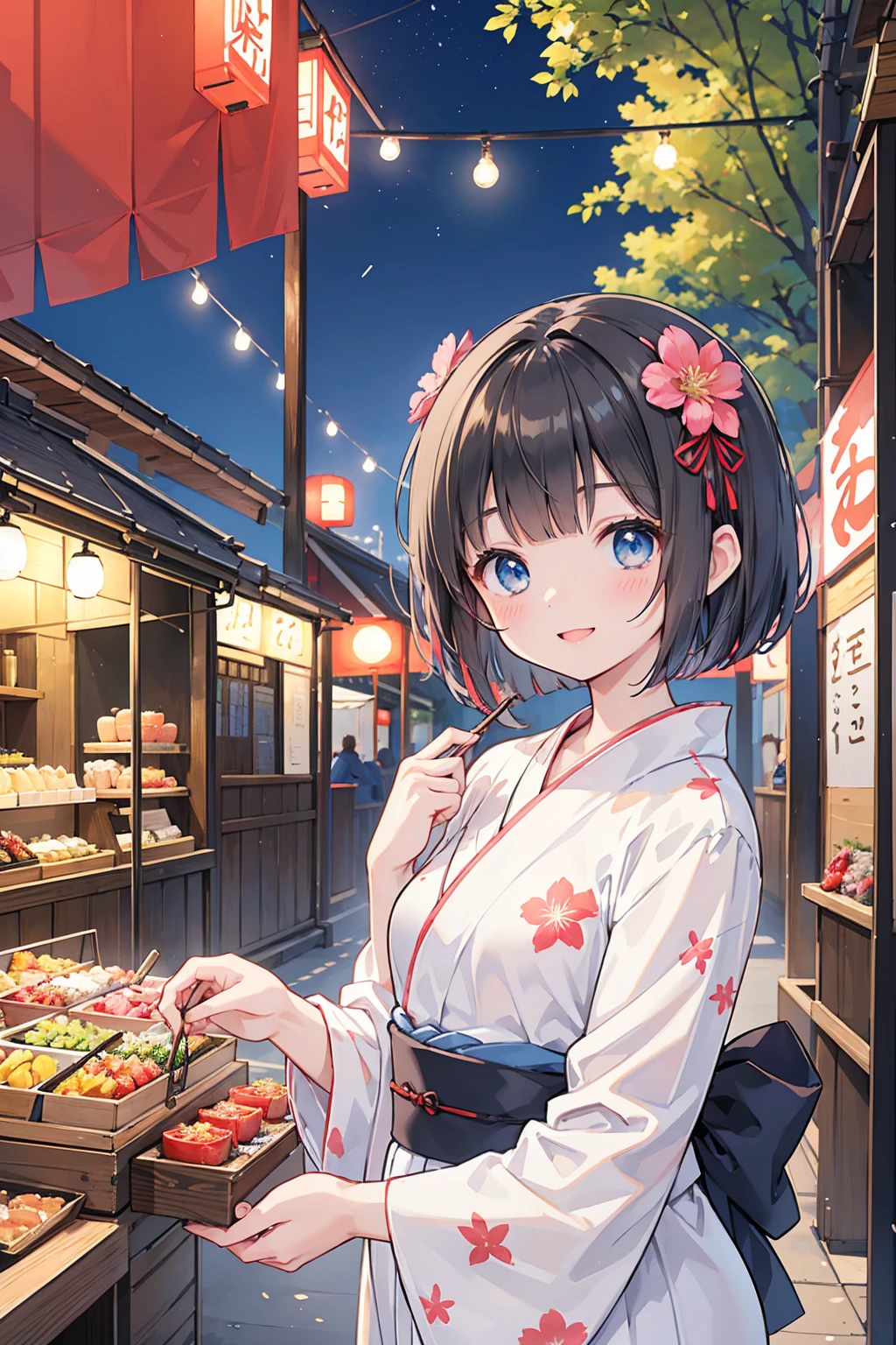 Photorealistic、Highest quality、Highest Resolution、Highest quality、8K、1人のBeautiful woman、Beautiful woman、Beautiful woman、cute、Bob cut hair、Dark Hair Color、Light blue eyes、Floral Yukata、Red yukata、Summer festival、evening、Lots of food stalls、looks fun、smile、