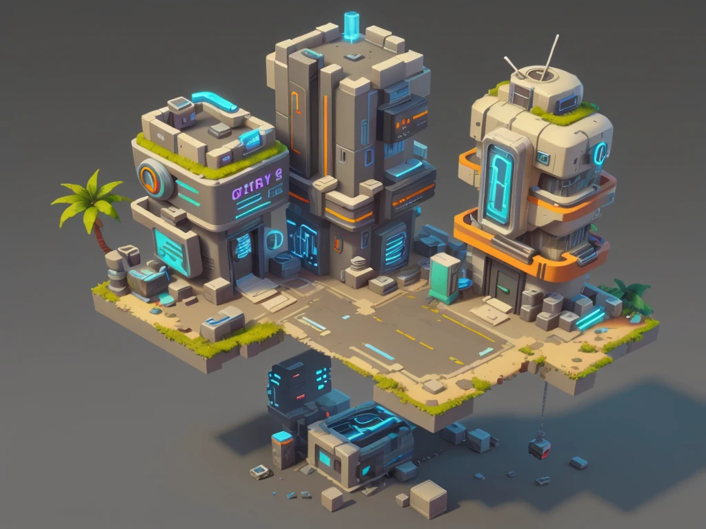 GRAY CYBERPUNK FUTURISTIC BUILDING, Game architectural design, animated cartoon, casual game style, 3d, work of art, super detaill, best qualityer  