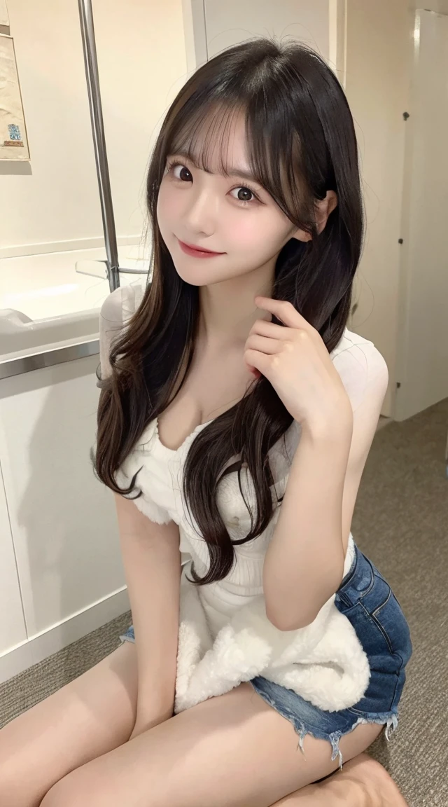 (Highest quality、8k、32K、masterpiece、Best Quality、Realistic))、Black Hair、Medium Hair、Short bangs、(Small breasts::1.3)、Small breasts、Selfie、Sitting、Leg spread、Idol、room、Wearing loose cloth shorts