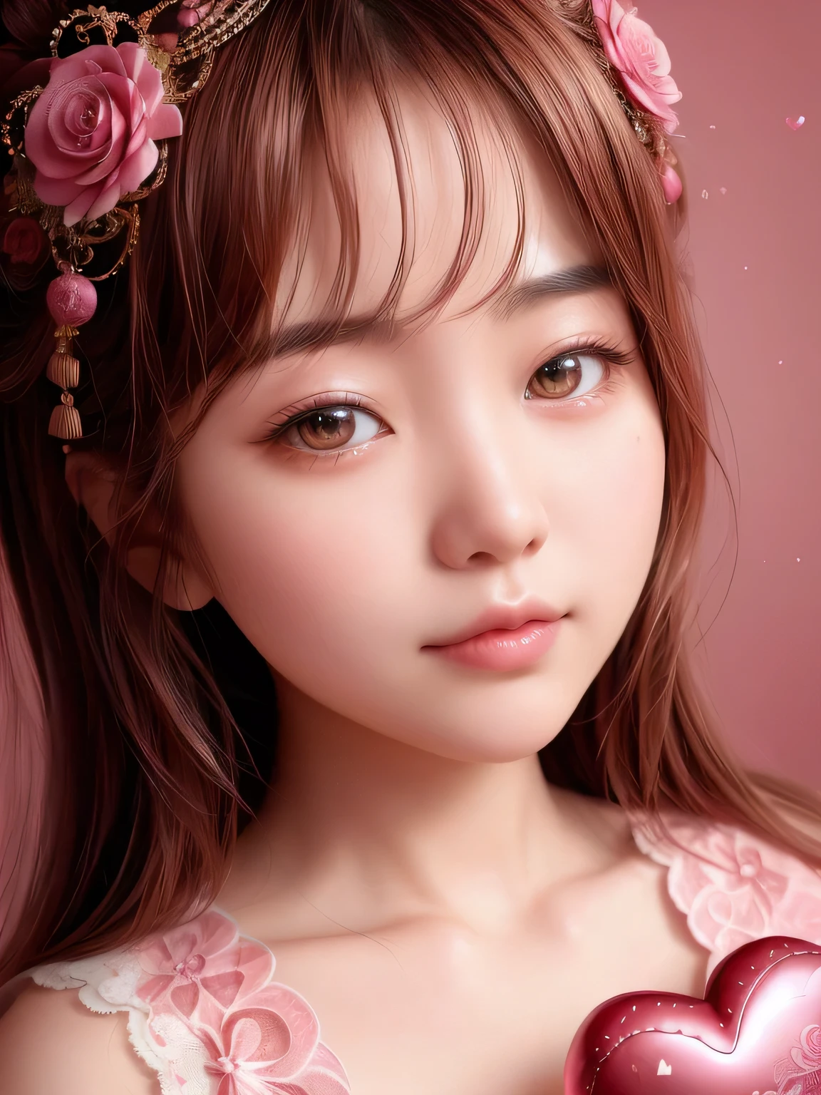 Hyper-realistic portrait of a Japanese girl celebrating Valentine's Day, intricate and detailed composition with heart themes, close-up, shallow depth of field, soft lighting, high resolution, accurate representation, unique, creative, well-lit, clear details, Canon EOS R5, 100mm lens, f/1.8, elegant, sophisticated, well-composed, unique pose, warm color tones, romantic