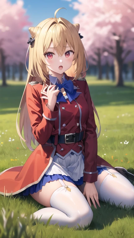 masterpiece, best quality, highres, 1girl, solo, long hair, blonde hair, cone hair bun, hair ornament, hair intakes, ahoge, bangs, red eyes, blue bowtie, red jacket, red coat, long sleeves, belt, white skirt, garter straps, white thighhighs, wariza, field, :o, grass, sitting