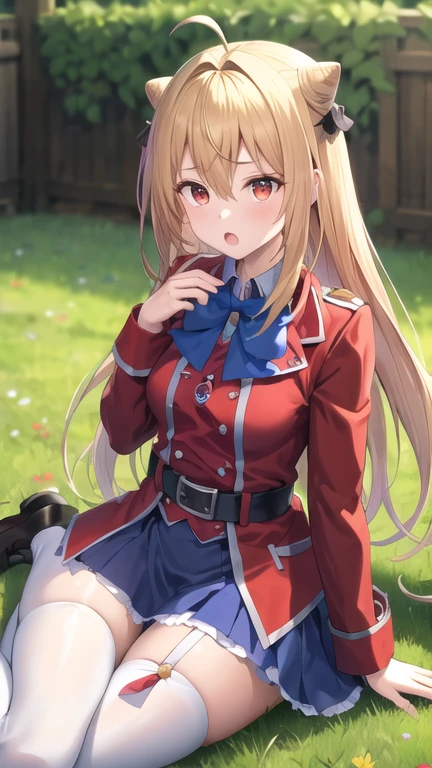 masterpiece, best quality, highres, 1girl, solo, long hair, blonde hair, cone hair bun, hair ornament, hair intakes, ahoge, bangs, red eyes, blue bowtie, red jacket, red coat, long sleeves, belt, white skirt, garter straps, white thighhighs, wariza, field, :o, grass, sitting