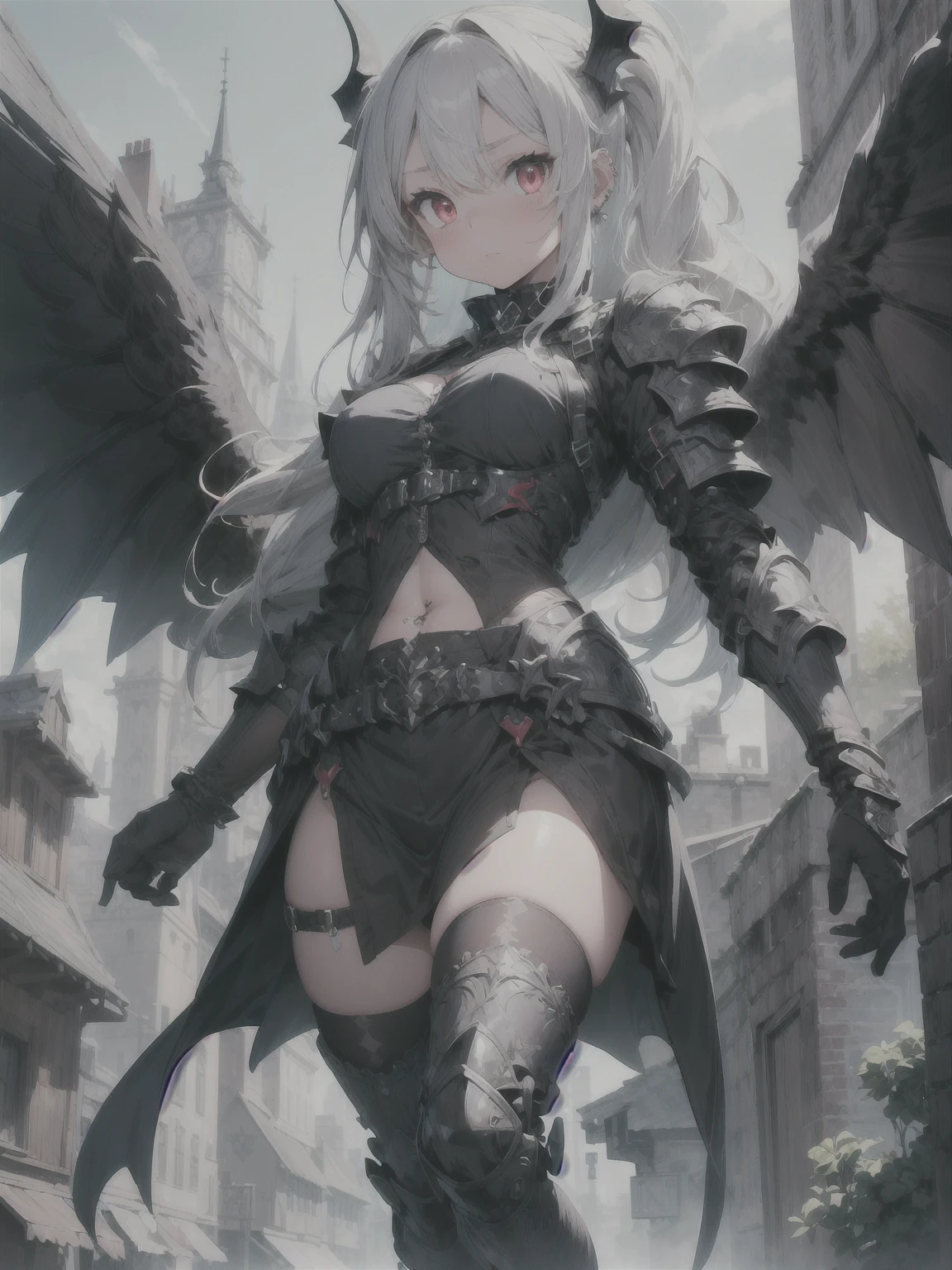 (((masterpiece, best quality, 16k)))queen power armor , (gothic style), full body view , bellybutton, The most beautiful and sexy demon goddess, long white hair, glowing red eyes, wearing detailed black gothic battle armor, black angel wings, tattoos and piercings, gothic castle, perfect masterpiece, high quality, high resolution