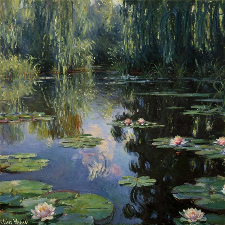 (A pond with a rotting skeleton floating in it), a painting of water lilies in a pond of water, monet painting, claude monet), impressionist art, by claude monet, by Claude Monet, impressionism painting, impressionist painting, water lilies, monet painted, impressionist artists, impressionism, an impressionist painting, by Blanche Hoschedé Monet, style of monet, impressionism and expressionism, charles monet, french impressionism