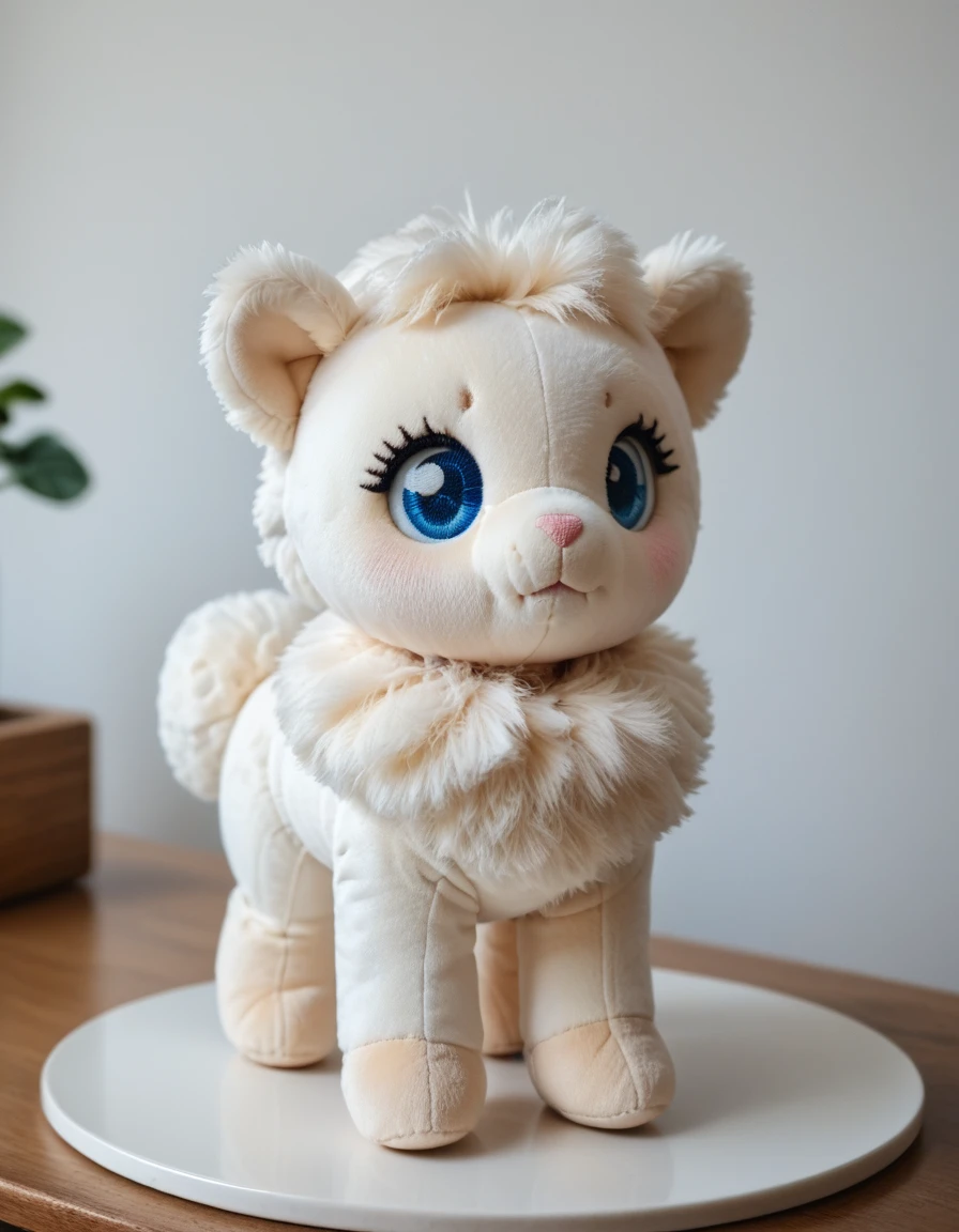 score_9, score_8_up, score_7_up, score_6_up, score_5_up, score_4_up, score_9, a photo of beauty and fluffy white lulu pomeranian, blue round eyes, plushie standing on a real table