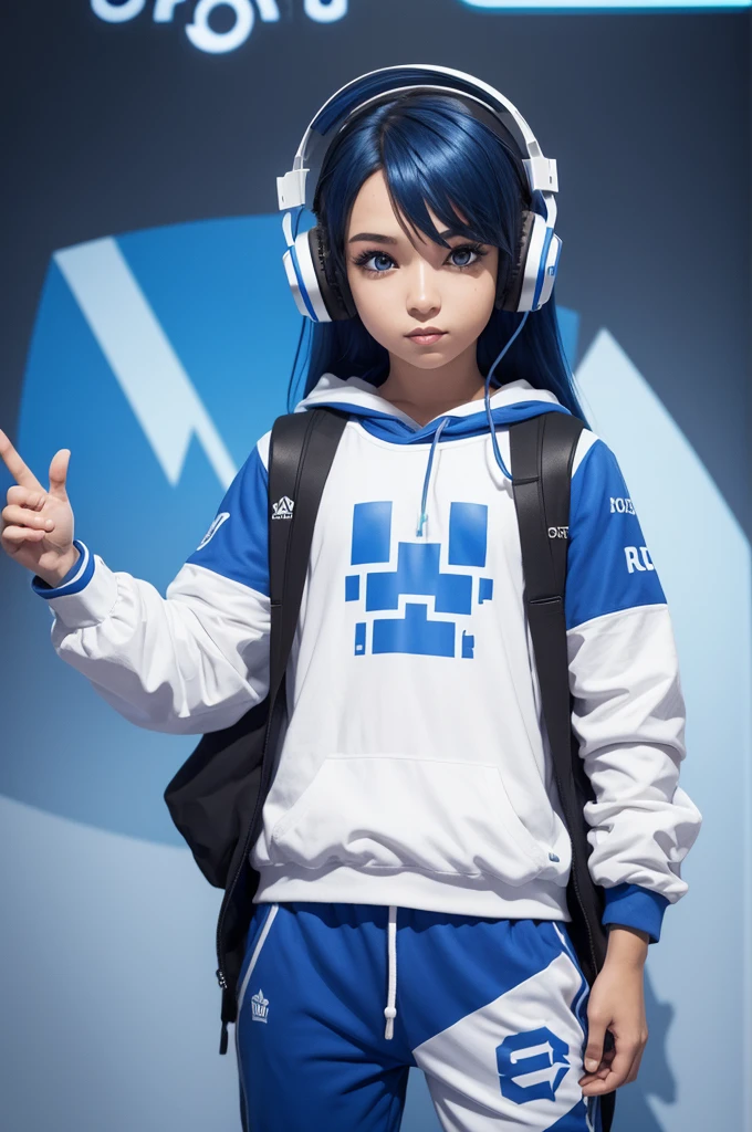 I would like to create a Gamer roblox character with headphones and a Gamer PC,eu quero que a calça e a roupa seja azul fraca e olhos azuis e sapato branco mostrando um ✌🏻 e eu quero bem criativo.