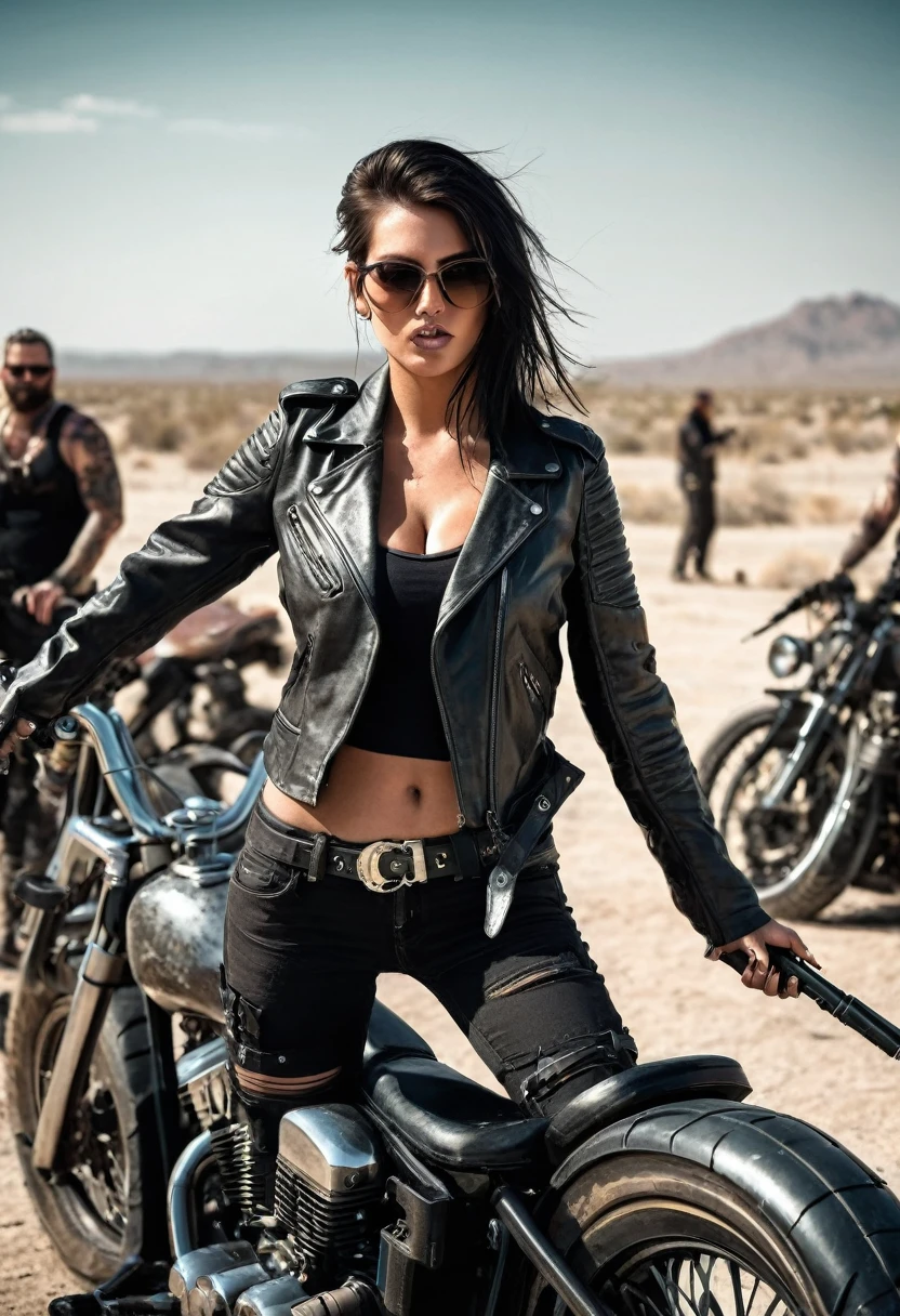 “Create an HD Ultra Realistic 8K image of Young Attractive Asian Woman Sophie Tan as a sexy action woman inspired by a Grand Theft Auto biker chick. She is wearing a distressed black lace lingerie set with a leather vest and boots, standing next to a sleek motorcycle in a dusty desert road. The scene captures the rugged and rebellious atmosphere of a GTA biker gang. Use a cinematic camera with a 35mm lens to capture the intricate lace details and the gritty setting (1.3). The desert road background should be softly blurred, with bokeh effects enhancing Sophie’s fierce presence (1.2). Post-production should enhance the shadows and add a slight dust effect to create a raw, rebellious look (1.4).”
