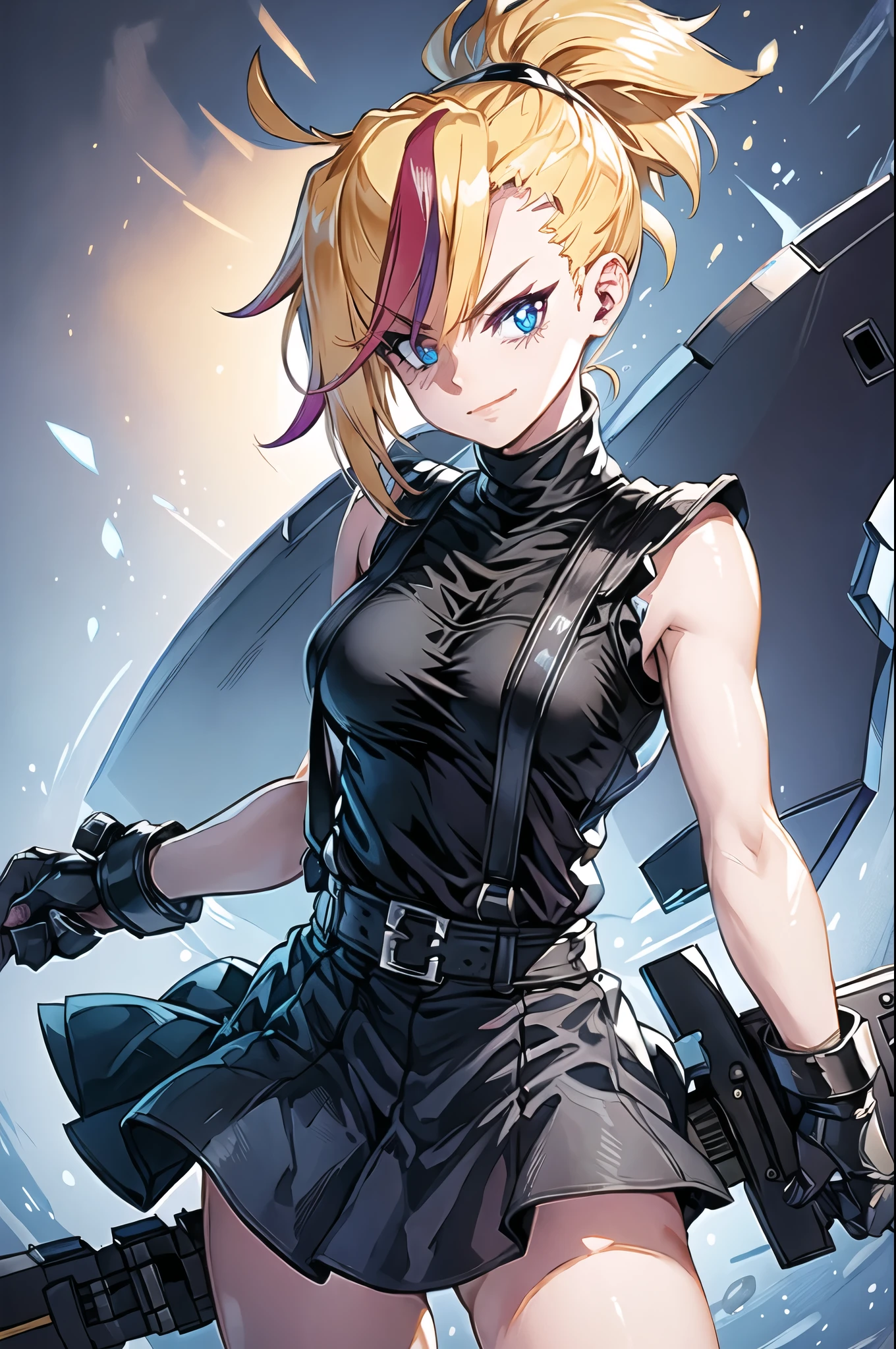 (masterpiece, best quality:1.2), Blue  glowing eyes, perfect face, highres, 1 girl, solo, ultra long ponytail, (female:1.5), strife, blonde hair, shoulder armor, sleeveless turtleneck, suspenders, belt, gloves, bracer, evil smile, standing, portrait, looking at viewer, giant sword on the back