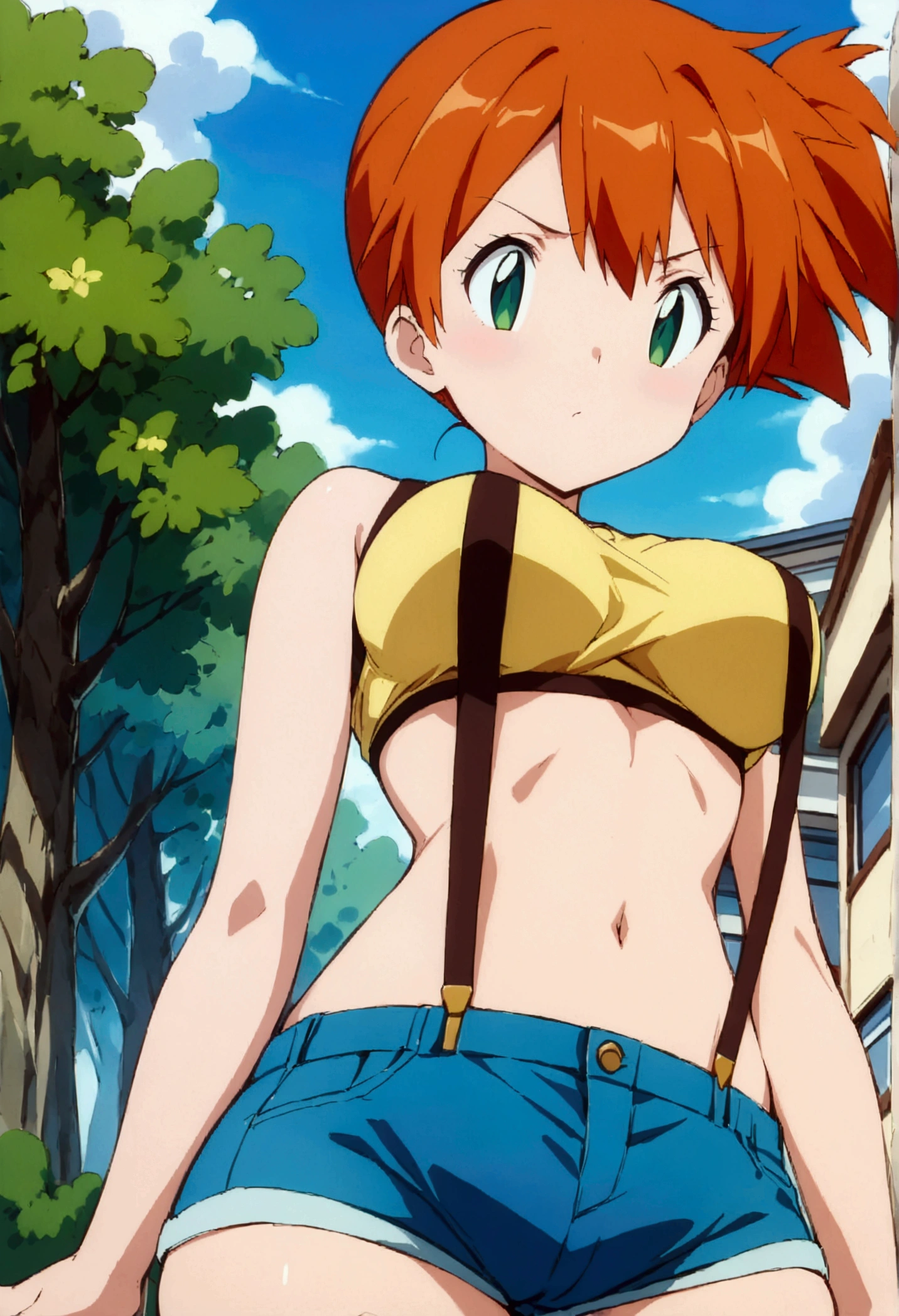 (score_9, score_8_up, score_7_up), (best quality, masterpiece),perfect anatomy,aesthetic,very aesthetic,official style, ultra-high resolution,source_anime.from front,below view,face focus ,,standing ,  (mature) ,1girl, Outdoor, Green Eyes, Orange Hair, , Yellow Shirt, Sleeveless shirt,(stomach), Denim shorts, suspenders, ,   (slender), ,shirt_pull:1.2,(Composition)
