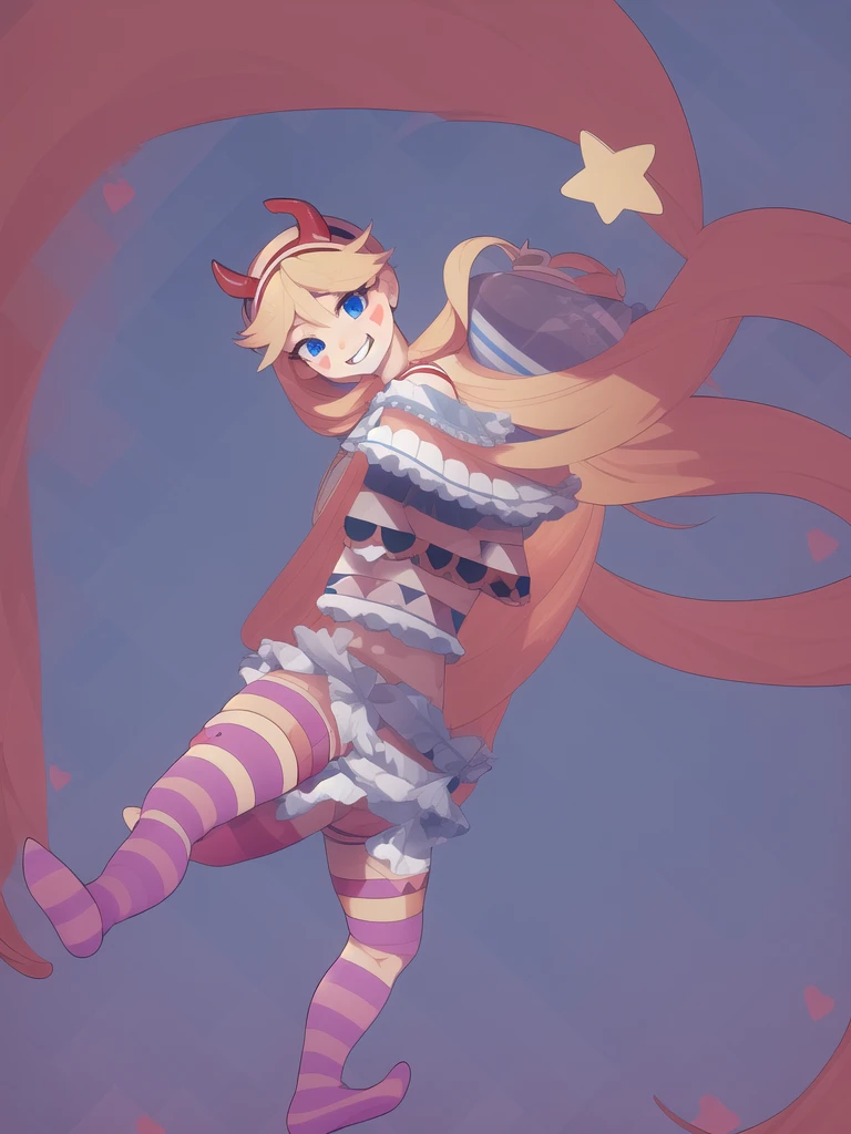 masterpiece, of the highest quality, Best Quality, 1 girl, Alone, looking at the viewer,
star butterfly, by rubio, blue eyes, facial mark, fake horns, hair band, heart cheeks, hats with horns, by the wide, striped longsocks, striped pantys, garter belt,lozhkin, smile, precise teeth with gaps 