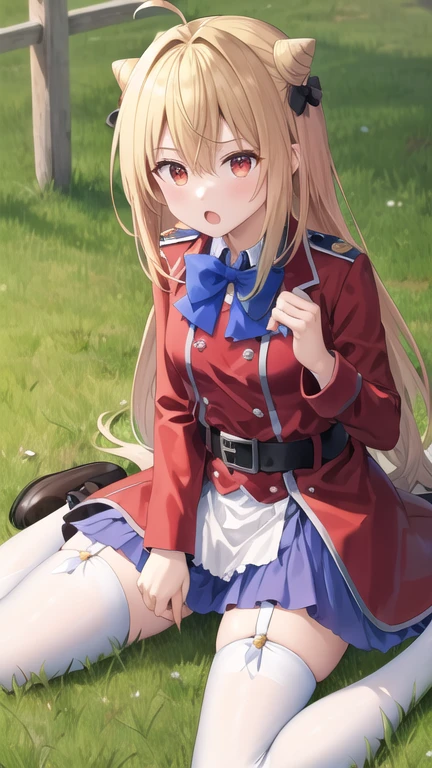 masterpiece, best quality, highres, 1girl, solo, long hair, blonde hair, cone hair bun, hair ornament, hair intakes, ahoge, bangs, red eyes, blue bowtie, red jacket, red coat, long sleeves, belt, white skirt, garter straps, white thighhighs, wariza, field, :o, grass, sitting