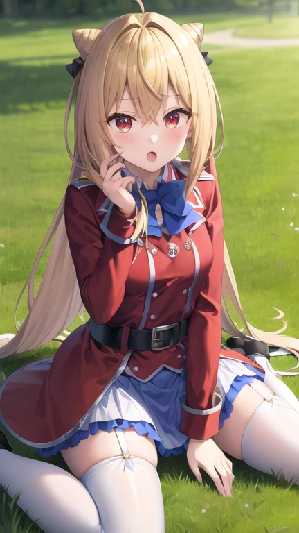 masterpiece, best quality, highres, 1girl, solo, long hair, blonde hair, cone hair bun, hair ornament, hair intakes, ahoge, bangs, red eyes, blue bowtie, red jacket, red coat, long sleeves, belt, white skirt, garter straps, white thighhighs, wariza, field, :o, grass, sitting