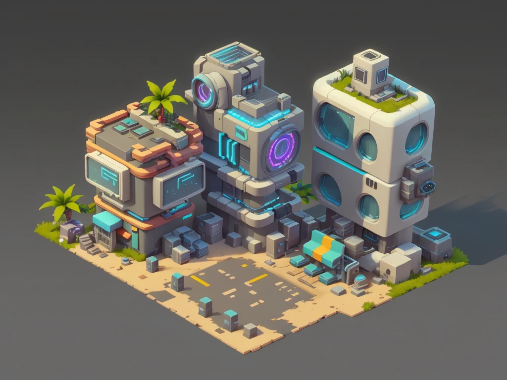 GRAY CYBERPUNK FUTURISTIC BUILDING, Game architectural design, animated cartoon, casual game style, 3d, work of art, super detaill, best qualityer  