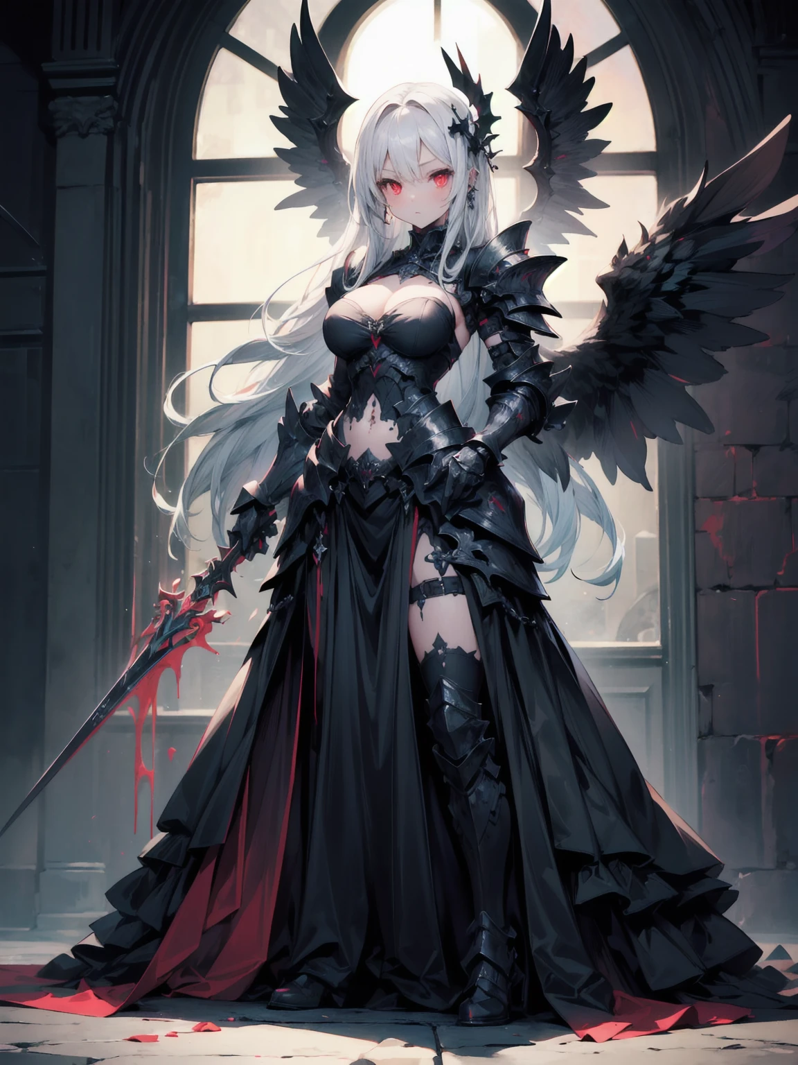 (((masterpiece, best quality, 16k)))queen power armor , (gothic style), full body view , bellybutton, The most beautiful and sexy demon goddess, long white hair, glowing red eyes, wearing detailed black gothic battle armor, black angel wings, tattoos and piercings, gothic castle, perfect masterpiece, high quality, high resolution