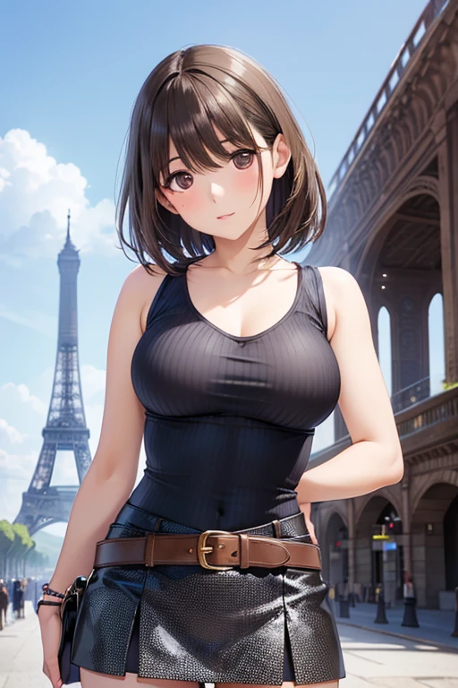anegasaki nene、Shiny brown hair, short hair, (Beautiful brown eyes、Sparkling eyes, Fine grain)、Ultra-detailed eyes、Highly detailed face, Highly detailed eyes,
(8k, RAW Photos, Realistic: 1.25), 女性 takes a model photo underneath an Eiffel Tower-style tower, Detailed Tower Images, From below:1.3, , stylish, Sleeveless tight ribbed knit, Cut chest, Shoulder bag, Tight-fitting skirt, ((Clothes that accentuate sexy body lines)), ((Modest chest)), The belt digs into my chest.、 Looking down at the viewer, Photographing women elegantly、Lower Body, From groin to thighs,