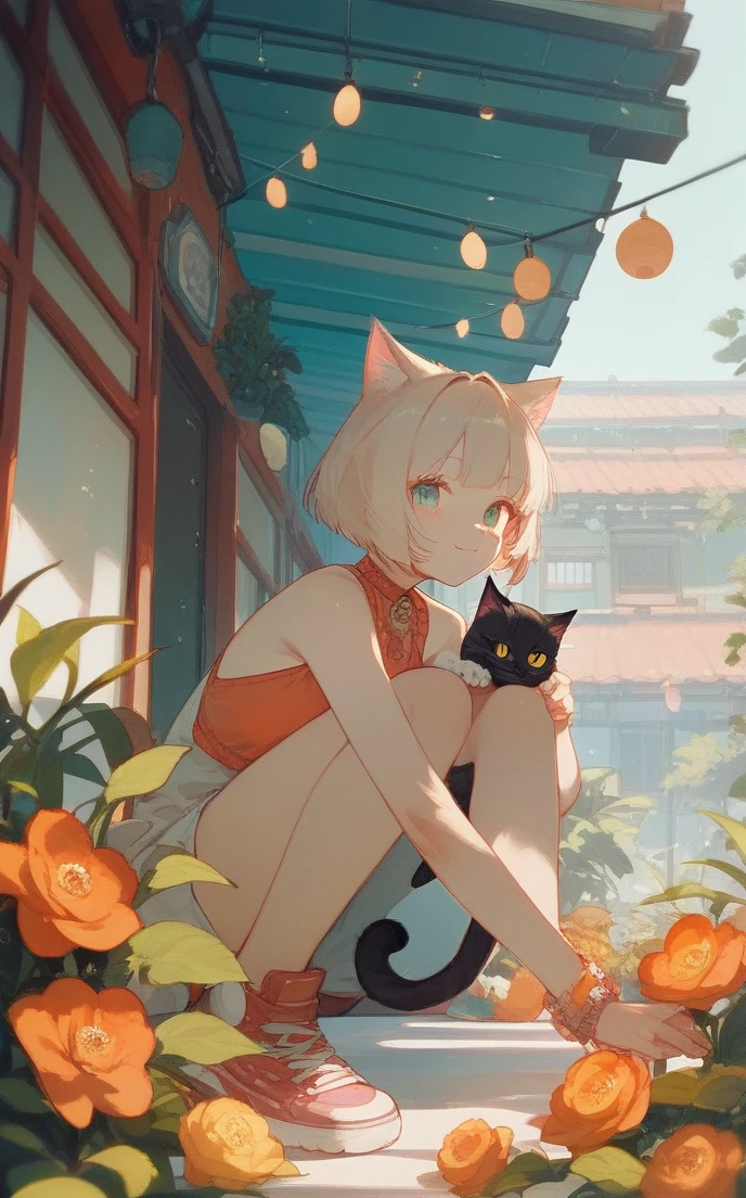 (Fraction_9,Fraction_8_Direction_7_up),light, girl, cat girl, Cat ears, Cat's Tail, Grass, picnic, Food basket, cup of tea in hand, lol, Close your eyes, breeze, Nice sheets, from above, Sit on the sheets, Looking over her head