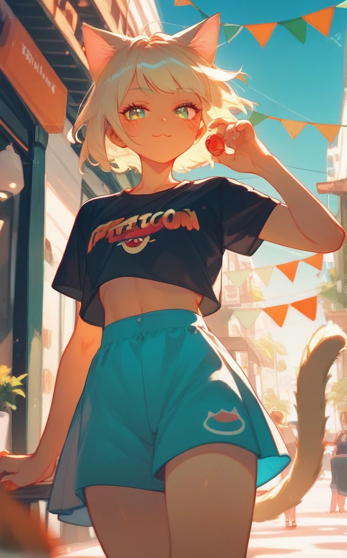 (Fraction_9,Fraction_8_Direction_7_up),light, girl, cat girl, Cat ears, Cat's Tail, Grass, picnic, Food basket, cup of tea in hand, lol, Close your eyes, breeze, Nice sheets, from above, Sit on the sheets, Looking over her head