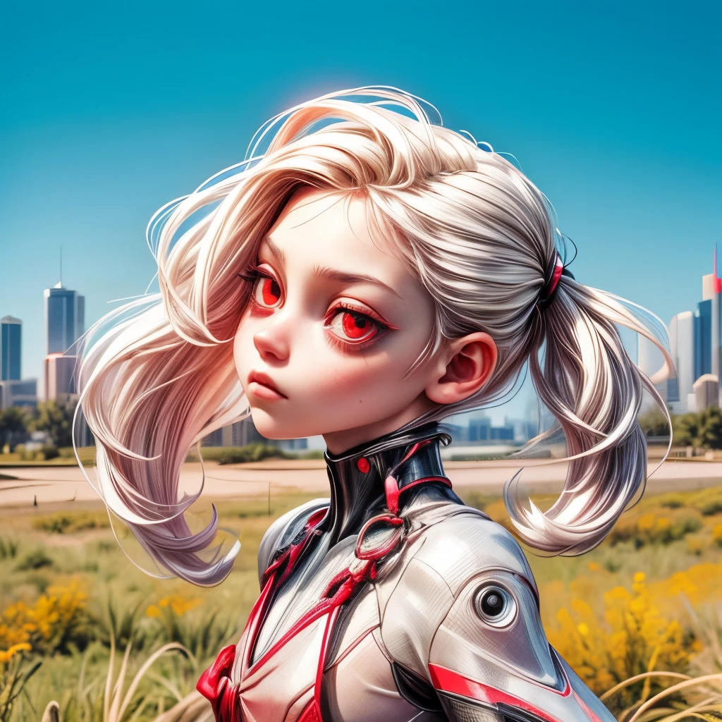 appearence a 13 years old teenage girl,red eyes,albino,calm,quiet,cute,pretty,full body,looking ahead,short hair combed back,red outfit,black short,tied hair,spider verse suit,serious look,cyberpunk background 