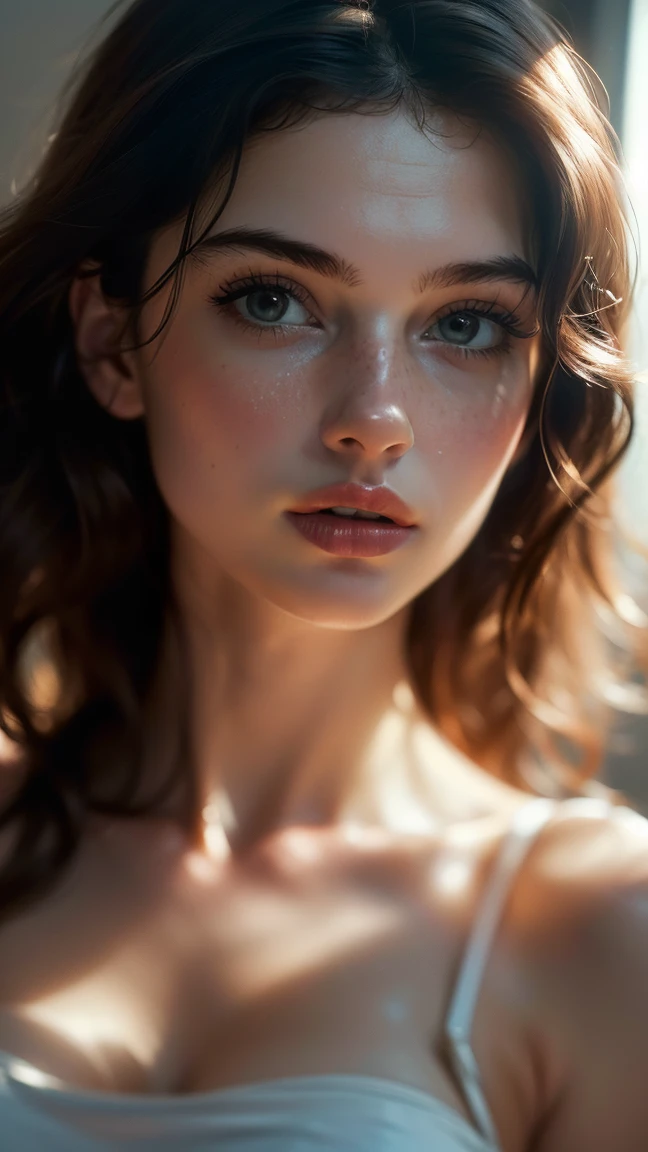 (((ultra realist))) photoshot, masterpiece, top quality, (pale skin), (ultra-detailed face and eyes:1.3), 1 girl, adult, im T-Shirt, (Eye make up, mask) , ((size, Detailed Lips)), ((ashy wavy hair)), ((Chyolka)) , (Natural breasts), Slender waist. ((posing)), photoshot-Shooting, studio (Soft lighting), (The play of light and shadow), depth of field, bokeh, (special attention to skin details: 1.2), Detailed leather structure, Hautporen. (Airy atmosphere of the frame. Colour palette - delicate, bright, White, Pink tones), DR, ((film grain)), ((Rays)), ((Glare from the sun)), ((Waist up portrait, close to the camera)) , ultra detailed,