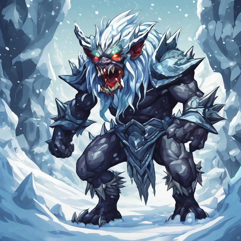 Isometric view, Dark fantasy anime style, stylized digital illustration of aggressive snow goblin, whtie background