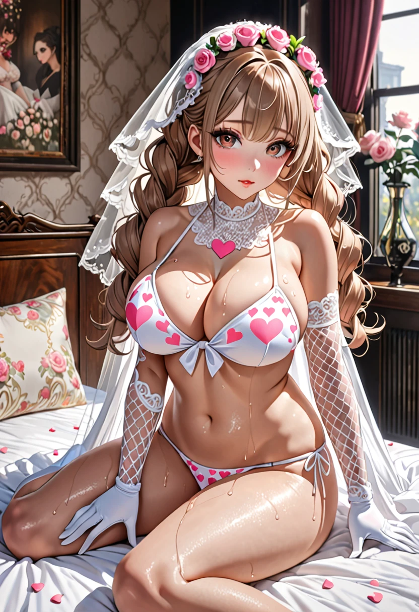 (((Highest quality, Ultra-high resolution、The most complex and detailed depiction)))、((masterpiece:1.3)), (8k, RAW Photos, Best image quality: 1.4), Very detailedな顔、Attention to detail、(Beautiful woman:1.4),(Realistic:1.4) (8k, RAW Photos,), (photo-Realistic:1.2), Very detailed, Beautiful attention to detail, (girl:1.3)、(((Bride in prom dress)))、Dark eyeliner、Eyelash length、False eyelashes、double eyelid、Brown eyes、Light fluorescent lip gloss, ((hostess:1.2)),(((pink heart print bikini、Red and white big heart pattern),(Pink tea bags)、(White wreath on head、Wedding Veil、Maria Bale))、Pink heart choker around the neck),(((open wedding dress)))、(((White Mesh Opera Gloves))),(Huge breasts:1.6),、(Cleavage:1.2)、(((Light brown hair、Braided hair、((Gather your hair at the back of your head,Put your hair up)))))、Gal-style makeup、Dark eyeliner、Black eyeliner、Heavy eye makeup、Eyelash length、False eyelashes、Eyelash length、Big eyes、Big black eyes、Big eyes、elongated nose、Heavy makeup、Face with gills、Spread your legs and face forward.、(((whole body)))、Spread your legs座る、Spread your legs、sexy、Glamorous Body、(Saggy breasts、Large saggy breasts)、((Sweat、Your body is wet))、(((Lie face up on the bed)),(Breastfeeding with your arms、Cover your crotch with your hands)