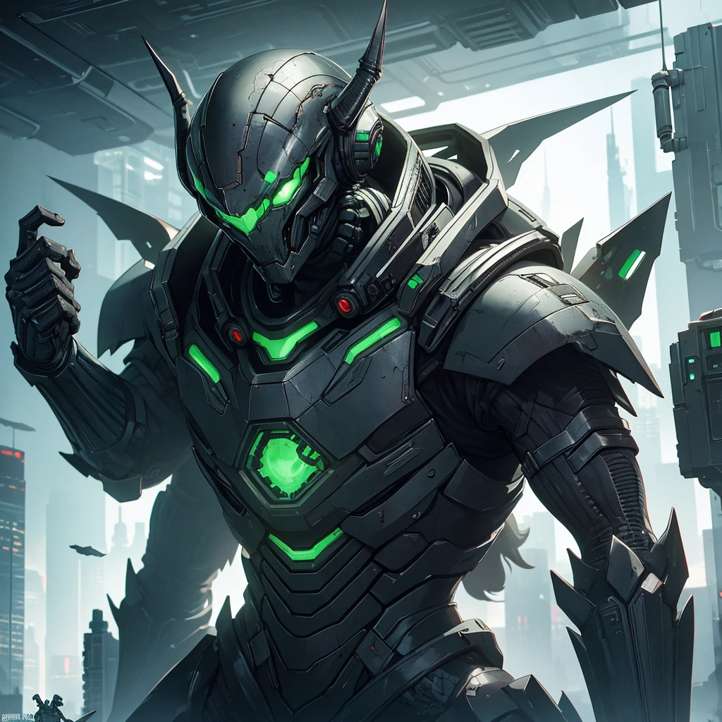alien, stark, armour, greenskin, monstrous, homely, Malignant. detailed and wicked. futuristic cyberpunk theme