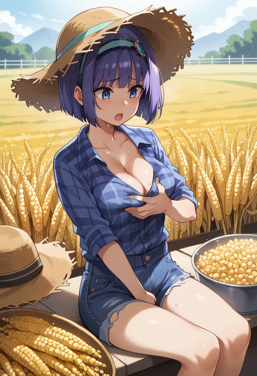 blue eyes,short hair,jewelry hairband, short hair, bob cut,masterpiece, high quality, best quality, an aroused girl, (grabbing_own_breast:1.4), cleavage, lingerie, purple hair, freckles, hairs, straw hat, plaid shirt, denim shorts, (sitting in a corn field), open mouth, (blush:1.2), (sweat:1), (sunny:1.2) female masturbation
